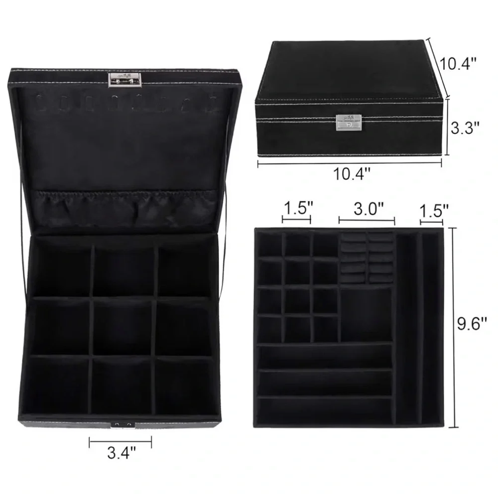 Large Black Jewelry Velvet Organizer Box with key lock